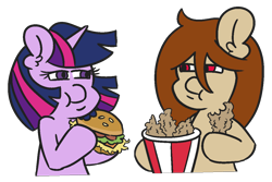 Size: 1200x800 | Tagged: safe, artist:threetwotwo32232, imported from derpibooru, twilight sparkle, oc, oc:red, oc:red stroke, alicorn, pegasus, pony, burger, female, food, kfc, mare, meat, ponies eating meat, simple background, transparent background