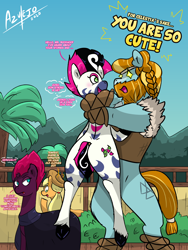 Size: 3456x4608 | Tagged: safe, artist:azulejo, imported from derpibooru, applejack, marini, rockhoof, tempest shadow, earth pony, pony, unicorn, zebra, spoiler:comic, butt, farasi, female, hug, jungle, male, plot, question mark, season 10, stallion, text, thinking