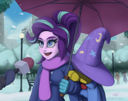 Size: 2317x1829 | Tagged: safe, artist:gabbslines, imported from derpibooru, starlight glimmer, trixie, equestria girls, bench, clothes, eyelashes, female, hat, lamppost, lesbian, meme, microphone, open mouth, scarf, shipping, snow, snowfall, special feeling, startrix, trixie's hat, umbrella, winter