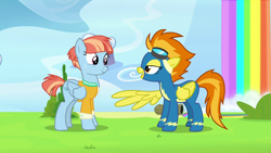 Size: 1280x720 | Tagged: safe, imported from derpibooru, screencap, spitfire, windy whistles, pegasus, pony, parental glideance, clothes, female, mare, rainbow waterfall, uniform, wonderbolts uniform