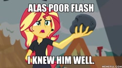 Size: 600x337 | Tagged: safe, edit, edited screencap, imported from derpibooru, screencap, sunset shimmer, equestria girls, equestria girls series, opening night, caption, hamlet, image macro, memeful.com, opening night: sunset shimmer, text