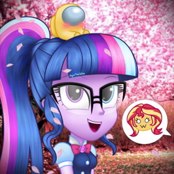 Size: 3000x3000 | Tagged: safe, artist:aryatheeditor, imported from derpibooru, sci-twi, sunset shimmer, twilight sparkle, equestria girls, among us, blushing, bowtie, cute, digital art, emoji, female, geode of empathy, glasses, happy, heterochromia, leaves, lesbian, looking up, magical geodes, outfit, owo, photo, powerful sparkle, scitwishimmer, shipping, smiley face, smiling, sunsetsparkle, tree