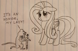 Size: 2072x1369 | Tagged: safe, anonymous artist, imported from derpibooru, fluttershy, mouse, pegasus, pony, /mlp/, dialogue, drawthread, duo, irl, kneeling, lined paper, monochrome, photo, redwall, requested art, sword, traditional art, weapon