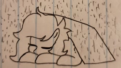 Size: 1717x966 | Tagged: safe, anonymous artist, imported from derpibooru, oc, oc only, oc:filly anon, pony, /mlp/, box, drawthread, eyes closed, female, filly, homeless, lined paper, monochrome, rain, requested art, sleeping, solo, traditional art