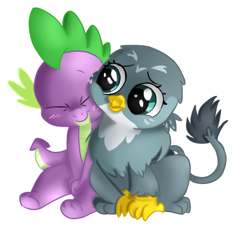 Size: 602x554 | Tagged: safe, artist:jbond, artist:tijopi, color edit, edit, imported from derpibooru, gabby, spike, dragon, griffon, chibi, colored, coloring, cute, duo, eyes closed, female, gabbybetes, male, painting, shipping, simple background, snuggling, spabby, spikabetes, straight, white background