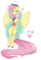 Size: 1280x1862 | Tagged: safe, artist:daniefox, imported from derpibooru, angel bunny, fluttershy, pegasus, pony, rabbit, animal, colored pupils, flower, looking at you, simple background, transparent background, watermark