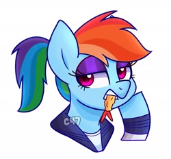 Size: 2991x2771 | Tagged: safe, artist:handgunboi, imported from derpibooru, rainbow dash, pegasus, pony, shrimp, clothes, food, fried shrimp, meat, ponies eating meat, ponytail, school uniform, simple background, white background