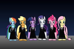 Size: 1280x854 | Tagged: safe, artist:platinumdrop, imported from derpibooru, applejack, fluttershy, pinkie pie, rainbow dash, rarity, twilight sparkle, alicorn, pony, business suit, clothes, mane six, request, tuxedo, twilight sparkle (alicorn)