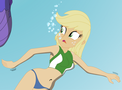 Size: 2430x1789 | Tagged: safe, artist:physicrodrigo, edit, imported from derpibooru, applejack, rarity, mermaid, series:equestria mermaids, equestria girls, belly button, bikini, blue underwear, bubble, clothes, cropped, high res, mermaidized, midriff, ocean, panties, solo, solo focus, species swap, swimsuit, underwater, underwear, webbed fingers