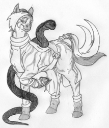 Size: 1800x2100 | Tagged: safe, artist:siegfriednox, imported from derpibooru, oc, oc only, oc:nyoka karfi, pony, snake, zebra, clothes, familiar, female, grayscale, magic, monochrome, solo, traditional art, zebra oc