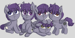 Size: 993x503 | Tagged: safe, artist:heretichesh, imported from derpibooru, oc, oc only, bat pony, pony, brother and sister, colt, fangs, female, filly, group, lying down, male, moon cutie mark, pentuplets, prone, siblings, sisters, sitting, sketch, smiling