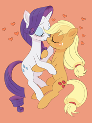 Size: 1620x2160 | Tagged: safe, artist:haibaratomoe, imported from derpibooru, applejack, rarity, earth pony, pony, unicorn, blushing, eyes closed, female, freckles, heart, holding hooves, lesbian, mare, missing accessory, orange background, rarijack, shipping, simple background, snuggling