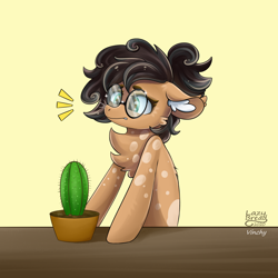 Size: 4000x4000 | Tagged: safe, artist:lazybread, imported from derpibooru, oc, oc only, oc:nixie tube, earth pony, pony, cactus, chest fluff, coat markings, dappled, ear fluff, ears back, emanata, female, glasses, half bat pony, round glasses, solo, this ended in pain