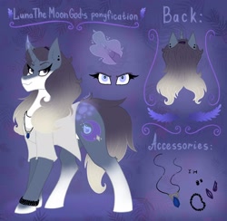 Size: 2118x2068 | Tagged: safe, artist:lunathemoongod, imported from derpibooru, oc, oc only, pony, unicorn, accessories, accessory, eye, eyes, magic, ponified, purple background, reference sheet, simple background, solo