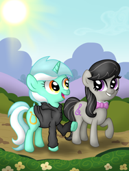 Size: 3024x4032 | Tagged: safe, artist:background basset, imported from derpibooru, lyra heartstrings, octavia melody, earth pony, pony, unicorn, fanfic:background pony, bowtie, chatting, clothes, dig the swell hoodie, duo, female, hoodie