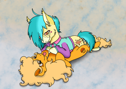 Size: 2480x1754 | Tagged: safe, artist:edwinn, artist:leeloo, imported from derpibooru, oc, oc only, oc:ollie, oc:orange delight, earth pony, pony, clothes, couple, duo, female, hug, loving gaze, request, tongue out