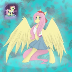 Size: 2048x2048 | Tagged: safe, artist:lunathemoongod, imported from derpibooru, fluttershy, pegasus, pony, cap, clothes, gameloft, hat, skirt, solo, top