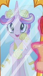 Size: 820x1453 | Tagged: safe, imported from derpibooru, screencap, princess cadance, alicorn, pony, a canterlot wedding, clothes, cropped, cute, cutedance, dress, female, magic, mare, mirror, reflection, solo, telekinesis, wedding dress