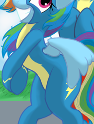 Size: 768x1016 | Tagged: safe, artist:theroyalprincesses, edit, imported from derpibooru, rainbow dash, soarin', pegasus, pony, belly, bipedal, clothes, cropped, female, flirting, grin, hooves together, male, offscreen character, pictures of bellies, shipping, smiling, soarindash, solo focus, straight, uniform, wings, wonderbolts uniform