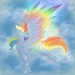 Size: 2048x2048 | Tagged: safe, artist:lunathemoongod, imported from derpibooru, rainbow dash, pegasus, pony, my little pony: pony life, cloud, colored wings, colored wingtips, female, g4.5, glowing mane, multicolored wings, rainbow wings, sky, solo, wings