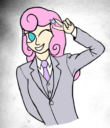 Size: 2103x2445 | Tagged: safe, artist:jesterofdestiny, imported from derpibooru, twinkleshine, human, clothes, digitally colored, dress shirt, humanized, necktie, one eye closed, peace sign, smiling, solo, suit, three piece suit, traditional art, wink