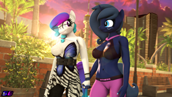 Size: 3840x2160 | Tagged: safe, artist:shadowboltsfm, imported from derpibooru, oc, oc:aurora starling, oc:midnight music, anthro, plantigrade anthro, 3d, 4k, belly button, bench, bracelet, breasts, clothes, cute, daaaaaaaaaaaw, dawwww, dress, eyelashes, glasses, holding hands, jewelry, lens flare, midriff, palm tree, smiling, source filmmaker, sports bra, sunset, tree