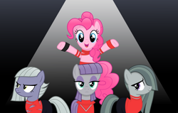 Size: 7125x4535 | Tagged: safe, artist:anime-equestria, imported from derpibooru, limestone pie, marble pie, maud pie, pinkie pie, earth pony, pony, angry, clothes, cosplay, costume, eyeshadow, group, happy, hoofband, light, looking at you, makeup, pie sisters, quartet, queen (band), ripped, siblings, sisters, smiling