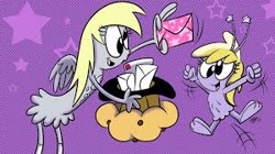 Size: 300x168 | Tagged: safe, artist:spongefox, imported from derpibooru, derpy hooves, ditzy doo, alien, anthro, pegasus, unicorn, crossover, female, mail, mother and child, mother and daughter, picture for breezies, stars, wander over yonder