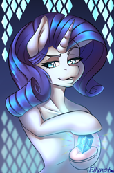 Size: 1650x2500 | Tagged: safe, artist:ellynet, imported from derpibooru, rarity, pony, semi-anthro, unicorn, abstract background, diamond, solo