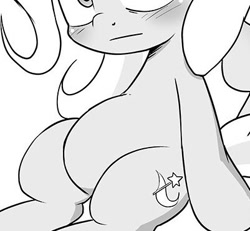 Size: 401x371 | Tagged: safe, artist:k-nattoh, edit, imported from derpibooru, trixie, pony, unicorn, belly, chubby, cropped, featureless crotch, monochrome, pictures of bellies, sitting, solo