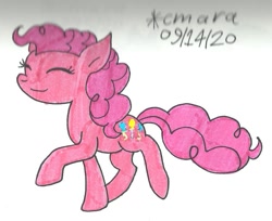 Size: 981x800 | Tagged: safe, artist:cmara, imported from derpibooru, pinkie pie, earth pony, pony, eyes closed, female, mare, raised hoof, raised leg, simple background, solo, traditional art, white background