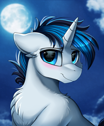 Size: 1446x1764 | Tagged: safe, artist:pridark, imported from derpibooru, oc, oc only, oc:solar gizmo, pony, unicorn, blushing, bust, chest fluff, commission, cute, handsome, male, moon, night, night sky, portrait, sky, smiling, solo, stallion