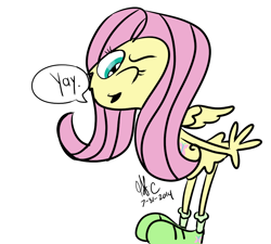 Size: 1000x900 | Tagged: safe, artist:spongefox, imported from derpibooru, fluttershy, alien, anthro, pegasus, crossover, cute, eyebrows, flutteryay, one eye closed, small wings, solo, speech bubble, wander over yonder, wings, wink, word balloon