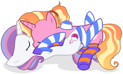 Size: 3155x1900 | Tagged: safe, alternate version, artist:unichan, imported from derpibooru, luster dawn, potion nova, pony, unicorn, my little pony: pony life, the last problem, clothes, commission, eyes closed, female, french kiss, g4, g4.5, g4.5 to g4, generation leap, hug, kissing, lesbian, lusternova, lying down, mare, on back, raised hoof, raised leg, shipping, show accurate, simple background, sleeping, socks, striped socks, transparent background, vector, ych result