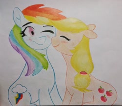 Size: 2120x1836 | Tagged: safe, imported from derpibooru, applejack, rainbow dash, earth pony, pegasus, pony, appledash, blushing, female, lesbian, nuzzling, photo, shipping, traditional art