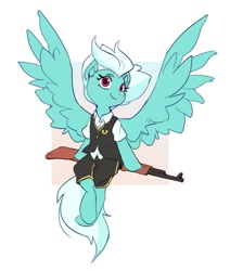 Size: 577x680 | Tagged: safe, artist:luciferamon, imported from derpibooru, fleetfoot, pegasus, pony, clothes, ear fluff, female, gun, mare, pants, rifle, sitting, solo, spread wings, weapon, wings