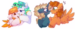 Size: 3800x1500 | Tagged: safe, artist:mirtash, imported from derpibooru, oc, oc only, oc:dawn daze, oc:maple parapet, earth pony, pegasus, pony, unicorn, boop, chest fluff, flower, flower in hair, heart, heart eyes, hug, male, noseboop, simple background, stallion, tongue out, white background, wingding eyes