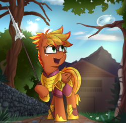 Size: 5100x5000 | Tagged: safe, artist:feital-zebra, artist:felixf, imported from derpibooru, oc, oc only, oc:blaze fury, oc:slimey, pegasus, pony, slime monster, abstract background, armor, disguise, duo, flower, glasses, grass, male, open mouth, pathway, royal guard, slime, slime ball, spear, stallion, sunshine, town, village, weapon, wings