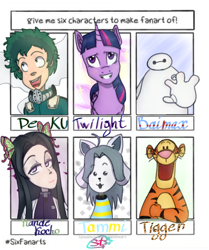 Size: 720x861 | Tagged: safe, artist:starsweat, imported from derpibooru, twilight sparkle, alicorn, dog, human, pony, robot, temmie, six fanarts, baymax, big hero 6, bust, clothes, crossover, female, grin, izuku midoriya, kanae kocho, kimetsu no yaiba, male, mare, my hero academia, open mouth, smiling, tigger, twilight sparkle (alicorn), undertale