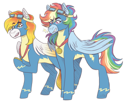 Size: 2700x2200 | Tagged: safe, artist:kikirdcz, imported from derpibooru, rainbow dash, oc, oc:sun up, pegasus, pony, alternate hairstyle, clothes, duo, ear fluff, ear piercing, earring, female, goggles, grin, hoof hold, jewelry, mare, medal, piercing, raised hoof, simple background, smiling, transparent background, uniform, wonderbolts, wonderbolts uniform