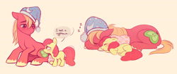 Size: 2582x1080 | Tagged: safe, artist:imalou, apple bloom, big macintosh, adorabloom, brother and sister, cute, eyes closed, female, hat, male, onomatopoeia, siblings, sleeping, sound effects, zzz