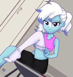 Size: 1864x1976 | Tagged: safe, artist:charliexe, artist:laaaaara, imported from derpibooru, oc, oc only, oc:freezing blizzard, equestria girls, annoyed, base used, blue eyes, changing clothes, clothes, compression shorts, equestria girls-ified, freckles, getting dressed, highlights, locker room, looking at you, multicolored hair, sexy, shorts, socks, solo, sports bra, stocking feet, thigh highs, tomboy