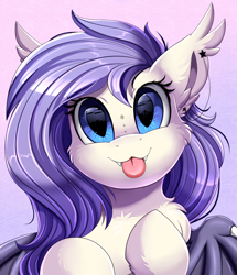 Size: 1722x2003 | Tagged: safe, artist:pridark, imported from derpibooru, oc, oc only, oc:star violet, bat pony, pony, :3, :p, bat pony oc, bat wings, bust, commission, cute, cute little fangs, ear piercing, fangs, female, looking at you, piercing, portrait, solo, tongue out, weapons-grade cute, wings