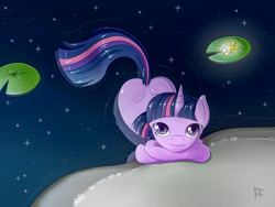 Size: 853x640 | Tagged: safe, artist:fearingfun, imported from derpibooru, twilight sparkle, pony, unicorn, butt, cute, dimples of venus, female, lilypad, looking at you, mare, plot, pond, rock, solo, twiabetes, unicorn twilight, water