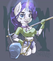 Size: 3048x3500 | Tagged: safe, artist:paskylizart, imported from derpibooru, rarity, anthro, unicorn, belly button, breasts, cleavage, clothes, gloves, glowing horn, helmet, horn, jeans, lipstick, pants, pickaxe, rope