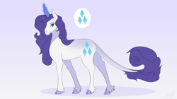 Size: 1934x1080 | Tagged: safe, artist:dwagons8, imported from derpibooru, rarity, classical unicorn, pony, unicorn, cloven hooves, female, glowing horn, horn, leonine tail, mare, simple background, smiling, solo, unshorn fetlocks