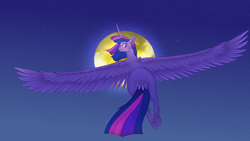 Size: 2560x1440 | Tagged: safe, artist:dwagons8, imported from derpibooru, twilight sparkle, alicorn, pony, blush sticker, blushing, female, from behind, full moon, looking at you, looking back, looking back at you, mare, moon, night, signature, sky, smiling, solo, spread wings, tail feathers, twilight sparkle (alicorn), wings