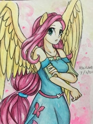 Size: 900x1200 | Tagged: safe, artist:astevenamedwolf, imported from derpibooru, fluttershy, equestria girls, equestria girls series, female, geode of fauna, large wings, magical geodes, ponied up, pony ears, solo, traditional art, watercolor painting, wings