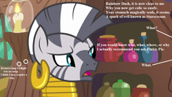 Size: 1280x720 | Tagged: safe, edit, edited screencap, imported from derpibooru, screencap, zecora, it isn't the mane thing about you, death battle, dialogue, ear piercing, earring, exploitable meme, implied death, implied pinkie, implied rainbow dash, implied resurrection, implied starscream, implied twilight sparkle, jewelry, meme, piercing, thinking, zecora's hut