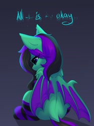 Size: 1535x2048 | Tagged: safe, artist:alphadesu, imported from derpibooru, oc, oc only, oc:mintybatty, bat pony, pony, clothes, disingenuous, dock, gradient background, sad, sitting, socks, solo, vent art